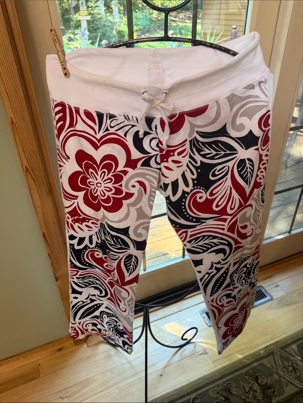 Nilla Shields Vintage Bold Floral Wide-Leg Lounge Sz L Pants Red, Black & White